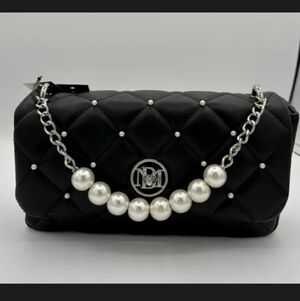 Badgley Mischka Black Quilted Crossbody Bag with Pearl Accents